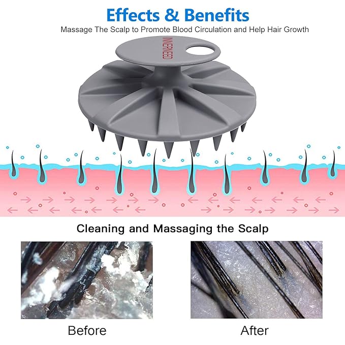 INNERNEED One-Piece Scalp Massager Shampoo Brush, Wet & Dry Scalp Care Head Scrubber Hair Washing, Soft Silicone Bristles, for Hair Growth, Dandruff Removal, Comfortable for All Hair Types (Gray)-FemmiqueWomen