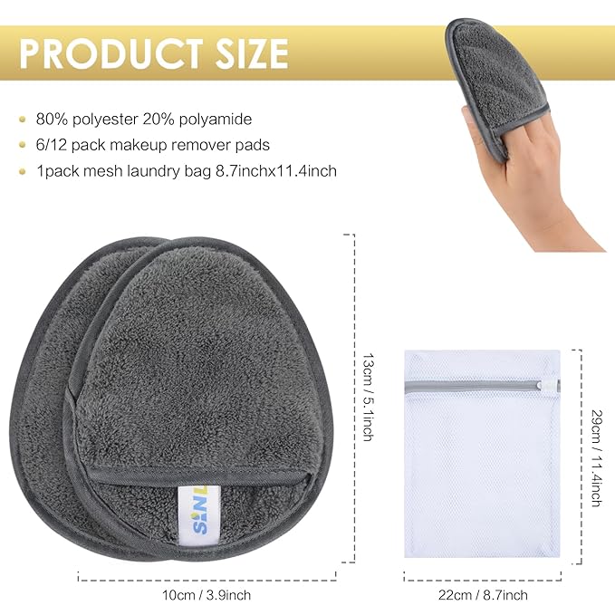 SINLAND Reusable Makeup Remover Pads For Face,Eye,Lips Microfiber Gentle Facial Cleansing Cloths for All Skin Types Friendly for Makeup Remover With Laundry Bag 5.1inchx3.93inch Grey Pack of 6-FemmiqueWomen