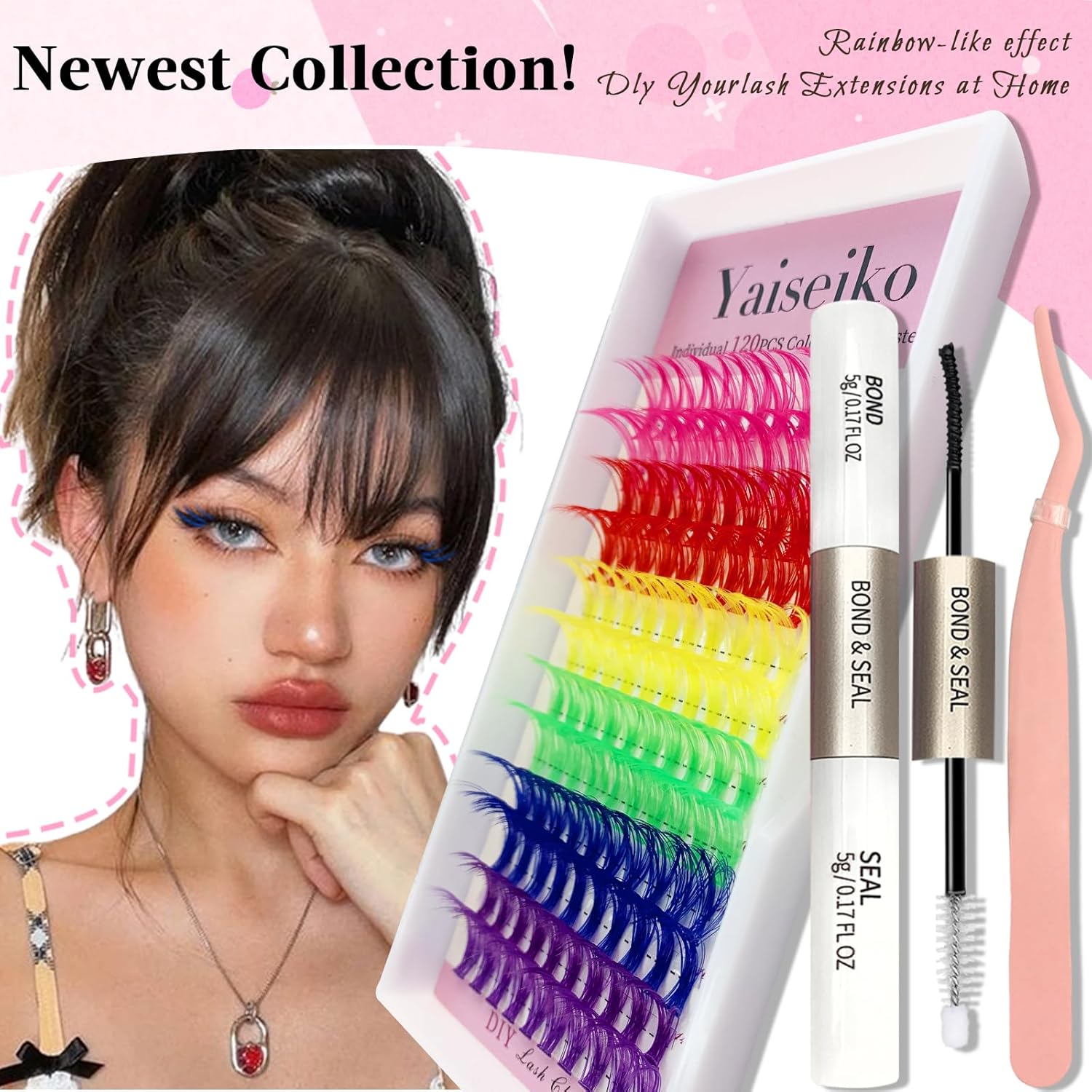 Eyelash Extension Kit Colored Lash Clusters Lash Extension Kit 6 Colors Rainbow Lash Clusters with Bond and Seal and Applicator Colorful Lash Extensions 14mm&16mm D Curl Lashes Cluster by Yaiseiko-FemmiqueWomen