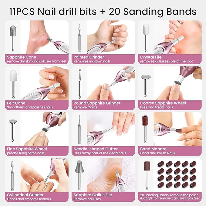 36-Piece Professional Manicure Pedicure Kit-Cordless Electric Nail File Kit,20000RPM, 11Pcs Bits,4 Speed,Rechargeable Pedicure Tool for Feet,Hand Foot Care Nail Drill Tool for Nail Grind Trim Polish-FemmiqueWomen