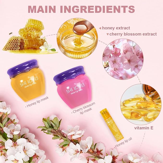 2PCS Lip Mask Overnight, Honey&Sakura Day and Night Repair Sleeping Lip Balm, Fade Lip Lines Bee Balm, Hydrating &Prevention Dry and Crack Lip Scrubs Exfoliator-FemmiqueWomen