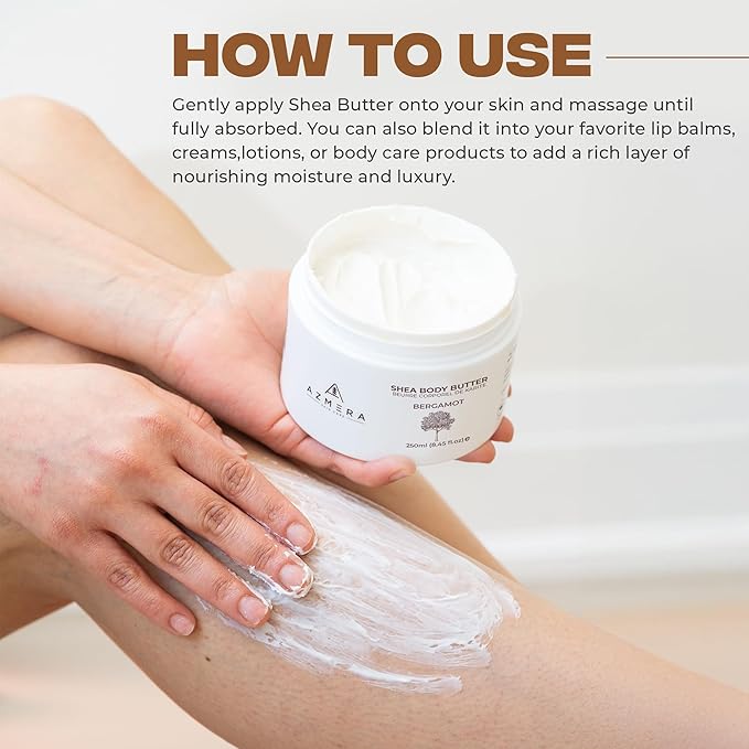 AZMERA Handcrafted Whipped Shea Body Butter – Luxurious Moisturizer for Dry, Sensitive Skin with Bergamot, Argan Oil & Vitamin E – Vegan, Non-Greasy Skincare – 8.82 oz-FemmiqueWomen