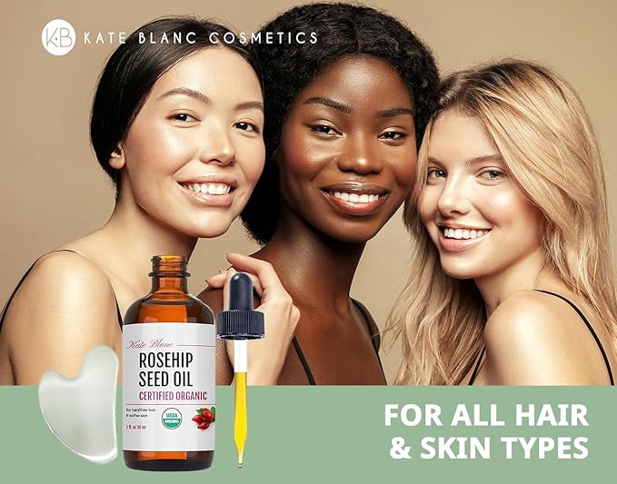 Kate Blanc Cosmetics Rosehip Oil for Face with Stainless Gua Sha (1oz, Organic, Pure, Cold Pressed) Rosehip Seed Face Oil for Gua Sha Massage-FemmiqueWomen