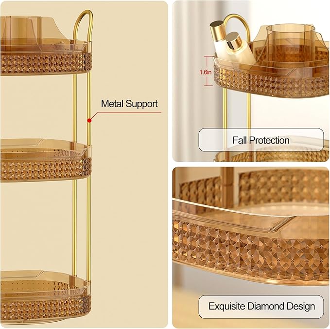 Rotating Makeup Organizer for Vanity 3 Tier, Perfume Organizer with Makeup Brush Holder, Large Capacity Cosmetics Clear Skincare Organizer for Countertop (Pink)-FemmiqueWomen