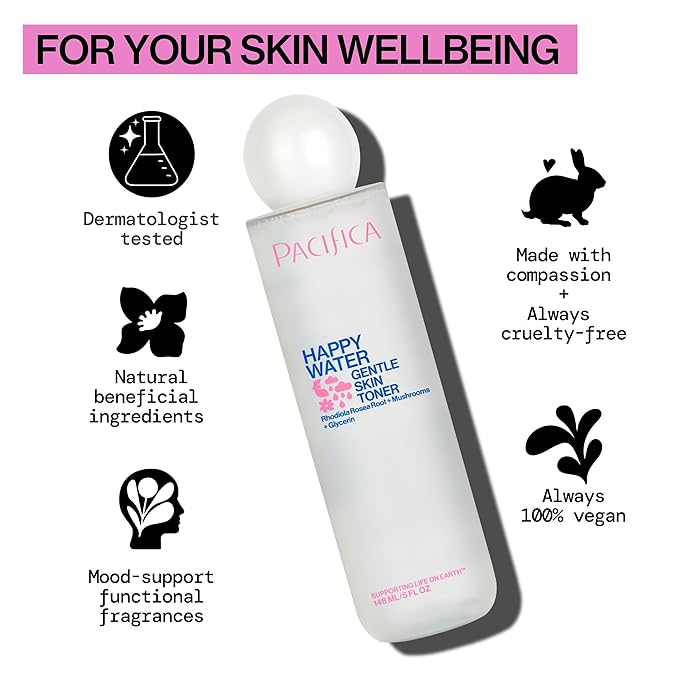 Pacifica Happy Water Hydrating Facial Toner Mist – Vegan Ceramides, Hyaluronic Acid & Electrolytes, Refreshing & Calming for Balanced Skin, Clean Beauty, Vegan, Cruelty-Free, All Skin Types, 4 oz-FemmiqueWomen
