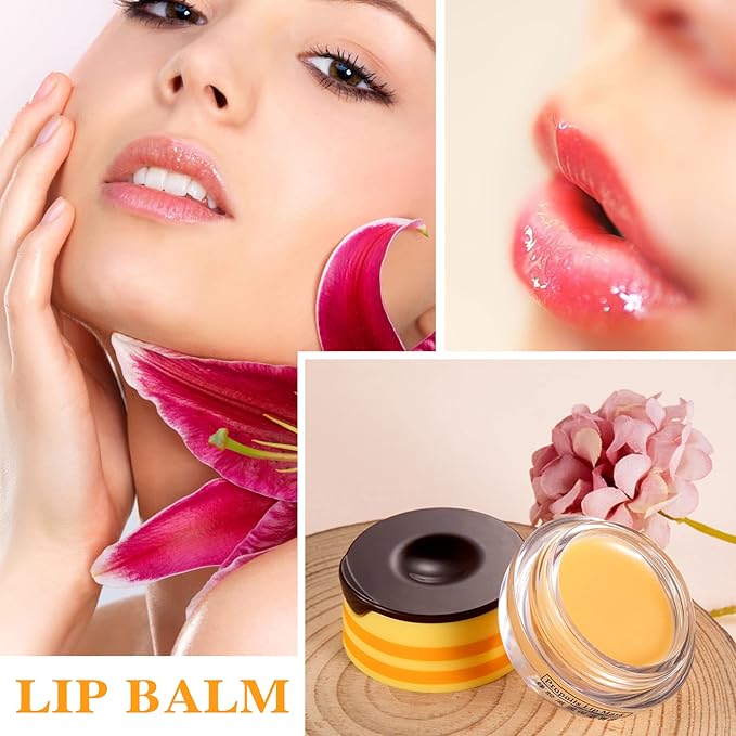 1PCS Bee Lip Balm Honey Pot,Honey Sleeping Lip Mask Bee Lip Balm with Applicator,Natural Moisturizing & Prevention Dry and Cracked Lip Scrubs Exfoliator-FemmiqueWomen