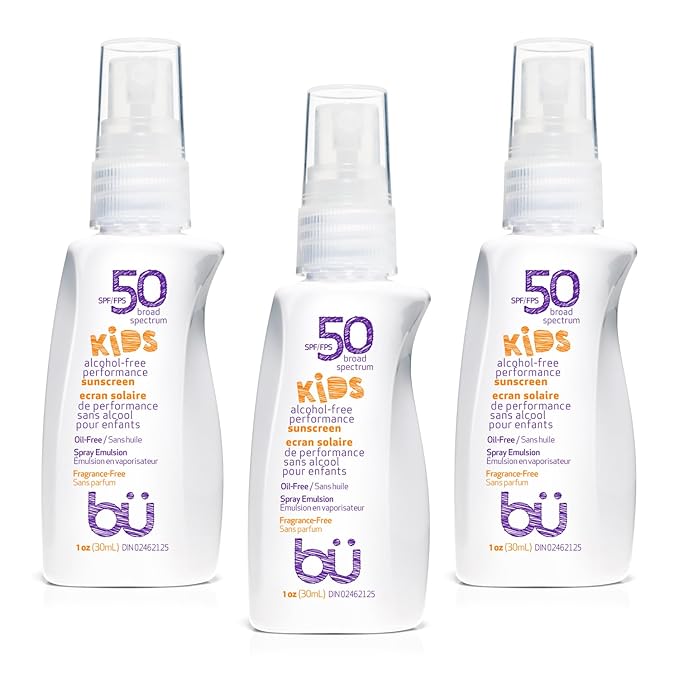 BU SPF 50 Kids Sunscreen Spray for Face and Body, Non Aerosol Spray, Fragrance Free, Clear, Non Greasy, Water Resistant, Fragrance Free 1 oz (3 Pack)-FemmiqueWomen