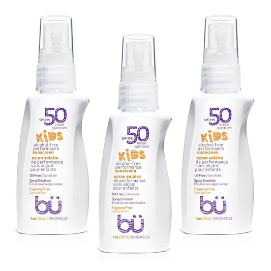 BU SPF 50 Kids Sunscreen Spray for Face and Body, Non Aerosol Spray, Fragrance Free, Clear, Non Greasy, Water Resistant, Fragrance Free 1 oz (3 Pack)-FemmiqueWomen