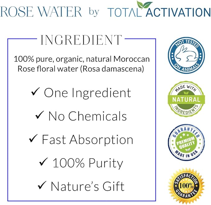 Large 4 oz 100% Pure, Organic Moroccan Rose Water Spray Face Toner, Skin Body Hair Spray, Eye Makeup Remover Alcohol Free Toner Minimizes Scar Hydrating Soothing Mist for Dry Oily Combination Skin-FemmiqueWomen