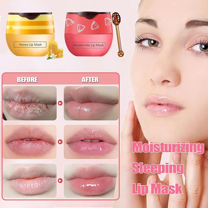 3 PCS Bee Lip Mask Honey Pot Lip Balm,Strawberry Watermelon Lip Mask Overnight Hydrating Dry and Crack Lip Scrubs Exfoliator Propolis Lip Sleeping Mask (Strawberry & Watermelon & Honey)-FemmiqueWomen