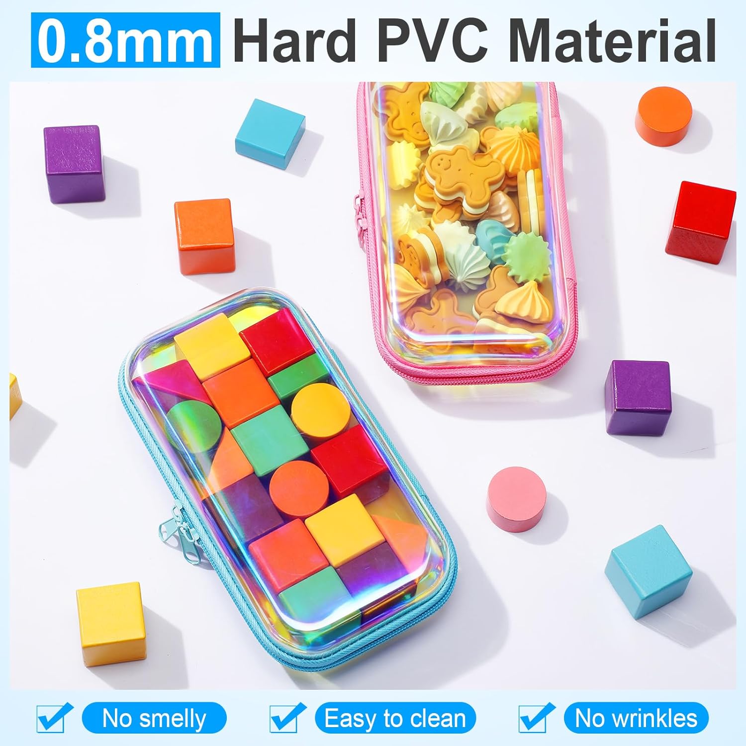 Sanwuta 6 Pcs Clear Hard Zipper Case Pencil Pouches Hard Plastic Zipper Pouches Makeup Bag Transparent Cases for Snacks Plastic Storage Organizer Box for Travel(Holographic,7.48 x 3.94 x 2 Inch)-FemmiqueWomen