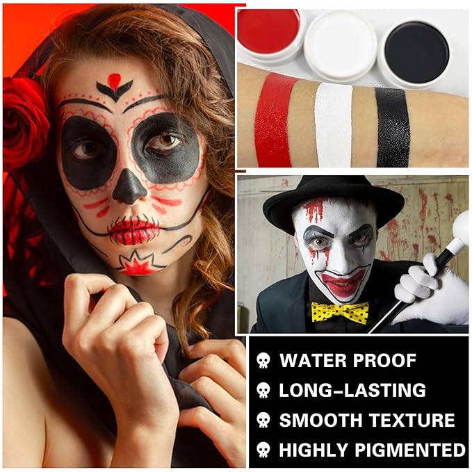 3 PCS Black White Red Face Body Paint Halloween Special Effects Makeup Kit Oil Based Cream Face Paint Kit for Cosplay Party Clown Zombie Stage Sfx Makeup-FemmiqueWomen