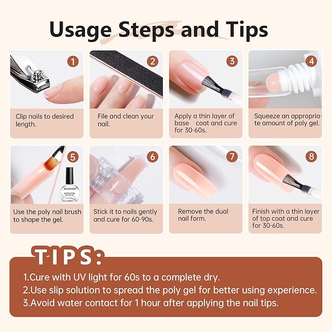 JEWHITENY Poly Extension Gel Nail Set Clear White Pink Poly Nail Gel With Slip Solution Base Coat Top Coat French Manicure for Finger Art and Home DIY Need U V Lamp Curing-FemmiqueWomen