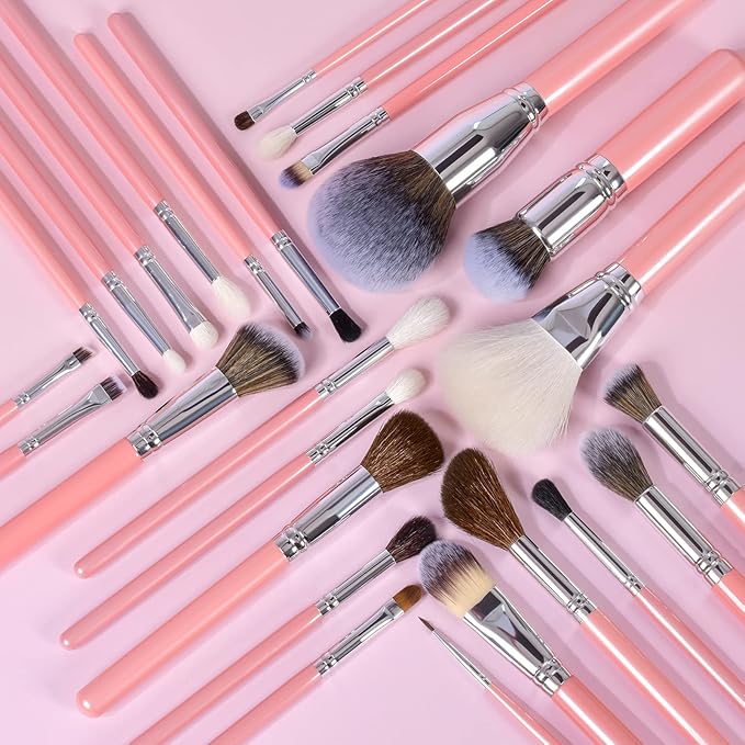 Bueart Design Makeup Brushes Set 26pcs Real Natural Goat Hair Professional labeled Foundation Face Blending Blush Concealers Eyeshadow Brush Set(26Pcs Pearl Pink)-FemmiqueWomen