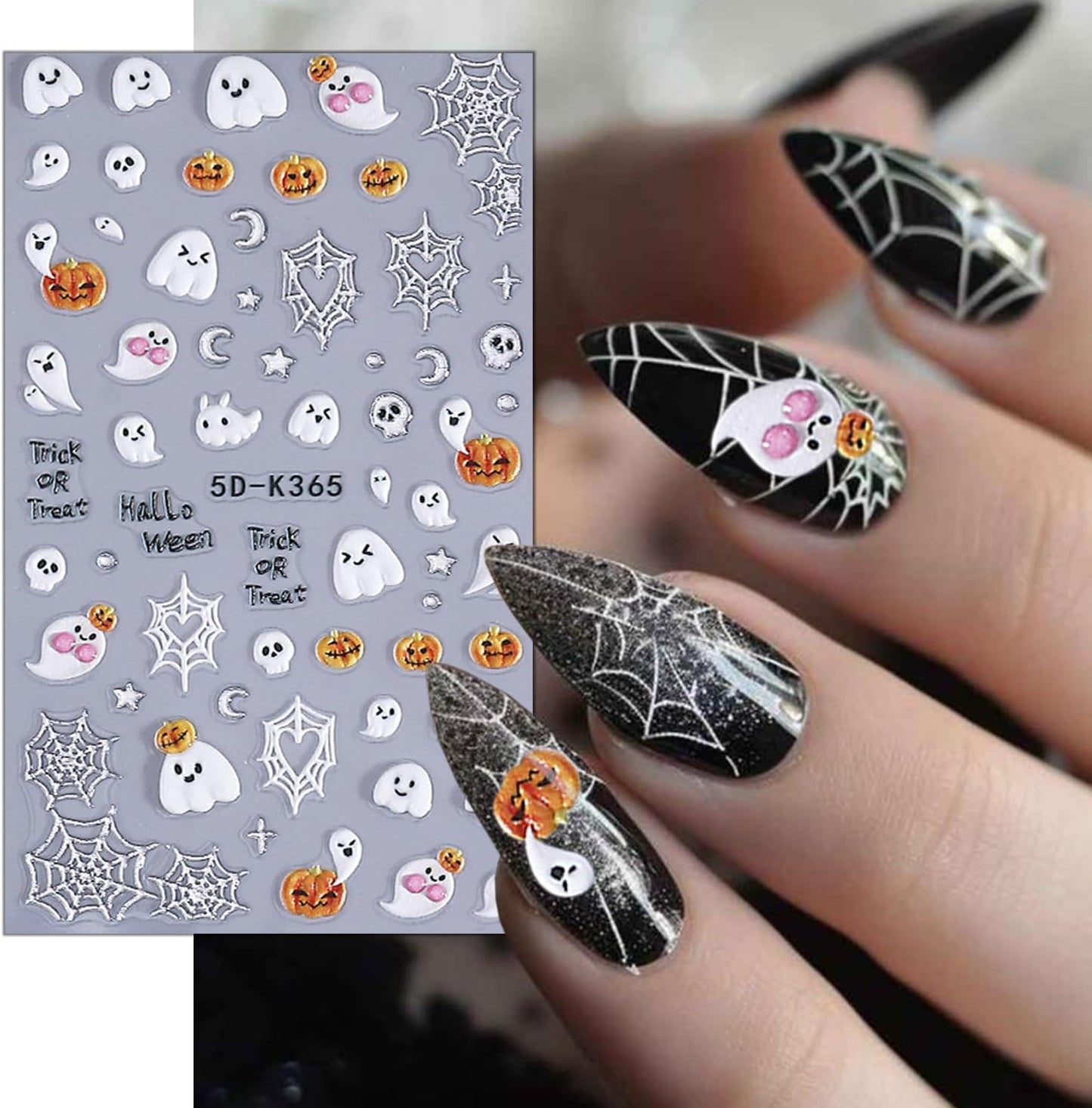 2 Sheets Halloween Nail Stickers for Nail Art 5D Spider Web Nail Art Stickers Embossed Ghost Pumpkin Nail Decals Self-Adhesive Horror Black Cat Nail Design Decals for Women Party Nails Supplies-FemmiqueWomen