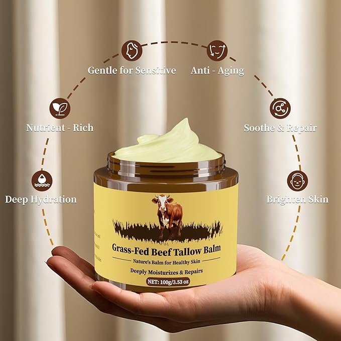 Beef Tallow for Skin, Tallow and Honey Balm, Facial Moisturizer Cream, 100% Organic Grass Fed Whipped Beef Tallow Balm Deeply Moisturizing for Face & Body, Suitable For All Skin Types(3.53oz)-FemmiqueWomen