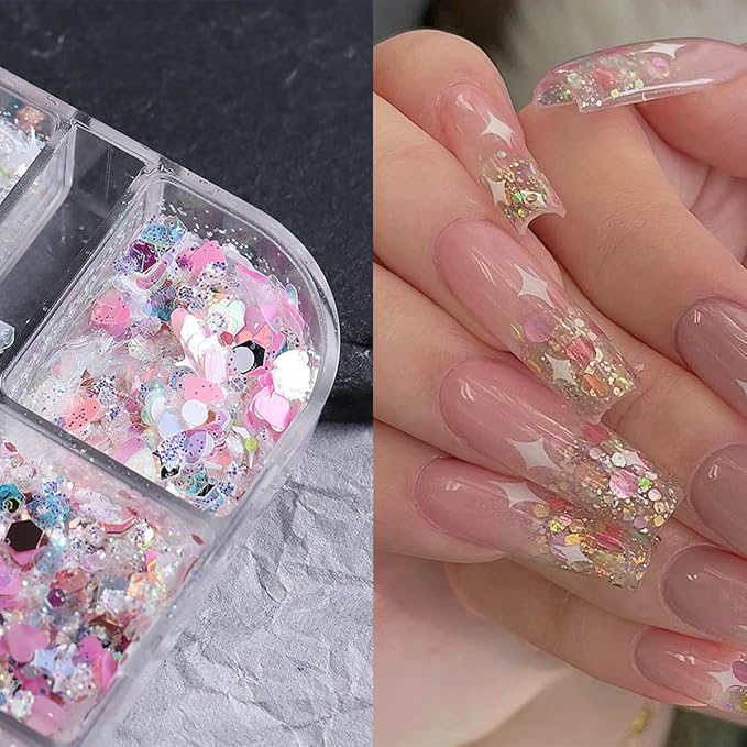 12 Grids Star Nail Art Glitter Sequins Heart Shaped Mermaid Nail Sequins Holographic Mermaid Nail Flakes Sticker Sequin Heart Nail Art Glitter for Women DIY Acrylic Nail Decoration-FemmiqueWomen