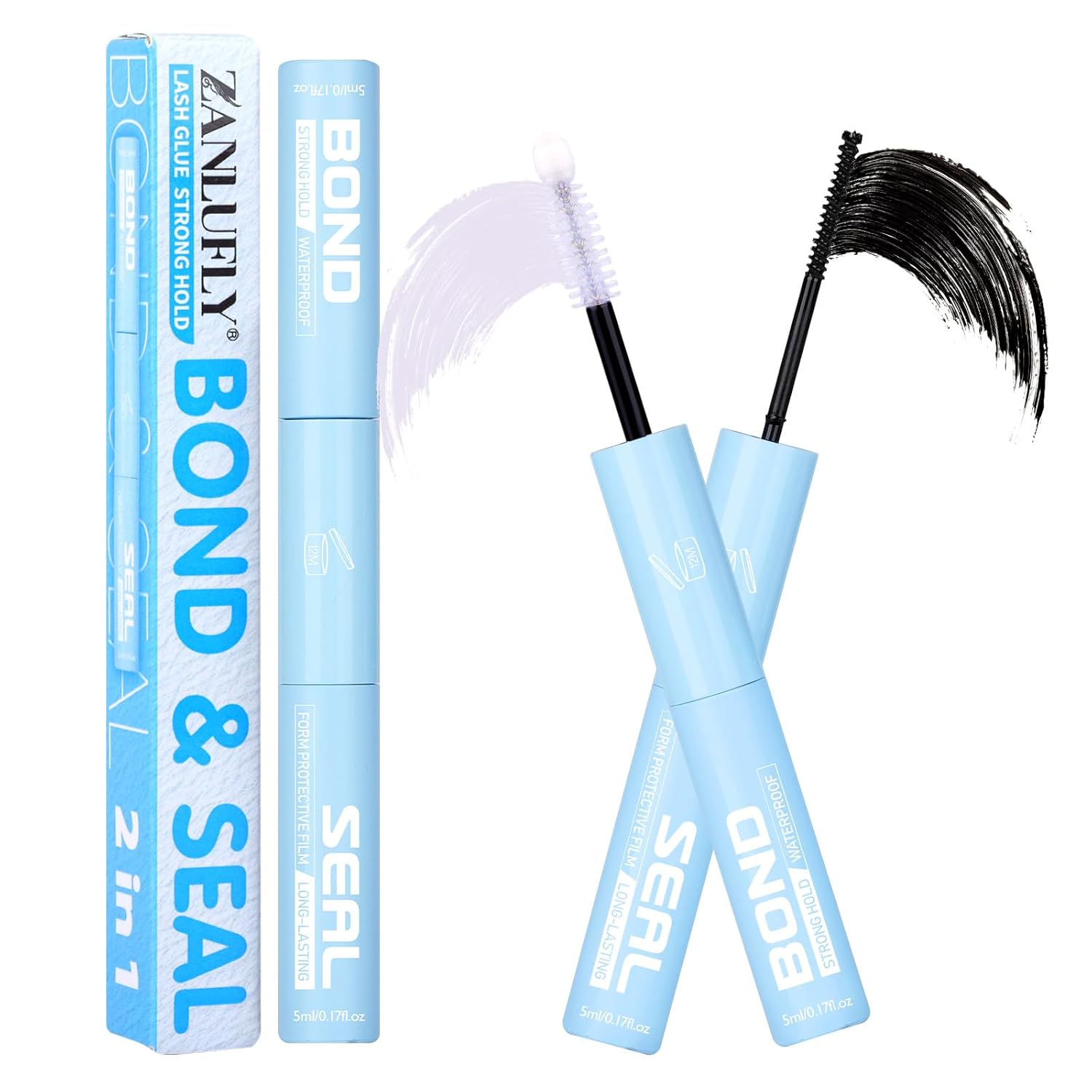 Lash Glue 2 in 1 Lashes Bond and Seal Waterproof Eyelash Glues Strong Hold Eyelash Adhesives Long Lasting Lash Cluster Glue for Eyelashes Extensions DIY at Home by ZANLUFLY-FemmiqueWomen