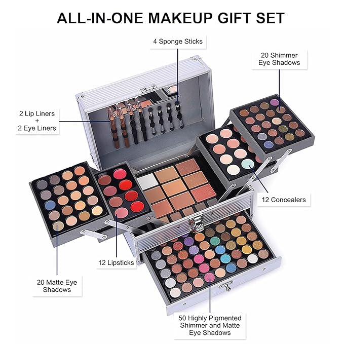 132 Color All- In- One Makeup For Women Full Kit,Professional Makeup Kit,Makeup Gift Set for Women,Girls&Teens,Include eyeshadow/lipstick/concealer/Lip Gloss/Eyeliner/Mascara（006N2-Silver）-FemmiqueWomen