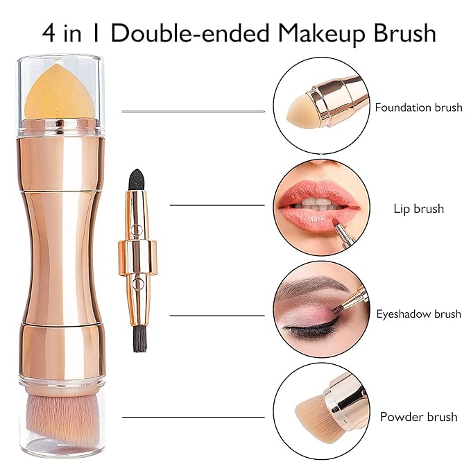 kullder 4 in 1 Makeup Brush Travel Makeup Brushes Blend Sponge, Eyebrow, Eyeshadow & Blush Brushes for Foundation Concealer Double Ended Makeup Brush with Powder Puff Women Ideal Gifts-FemmiqueWomen