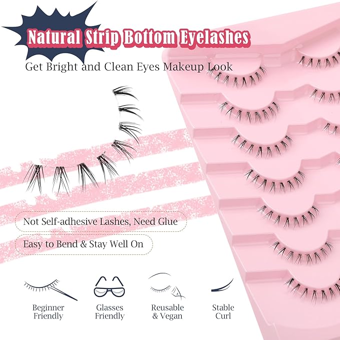 Lashes Natural Bottom Lashes 9mm Lower Strip Lashes Extention False Eyelashes Natural Look Wispy Bottom Eyelashes Fake Lashes Pack 7 Pairs-FemmiqueWomen