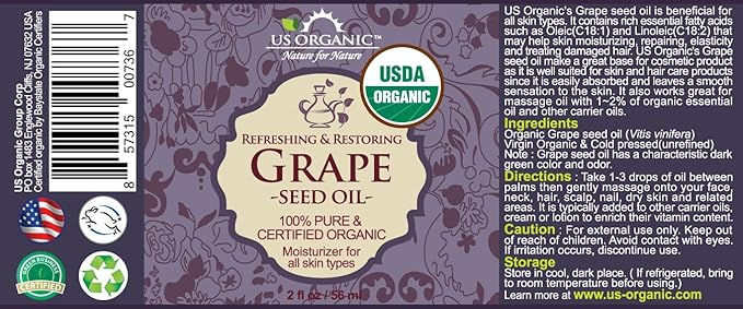US Organic Grape Seed Oil, USDA Certified Organic, 100% Pure & Natural, Cold Pressed Virgin, Unrefined, in Amber Glass Bottle w/Glass Eye dropper for Easy Application (2 oz (56 ml))-FemmiqueWomen