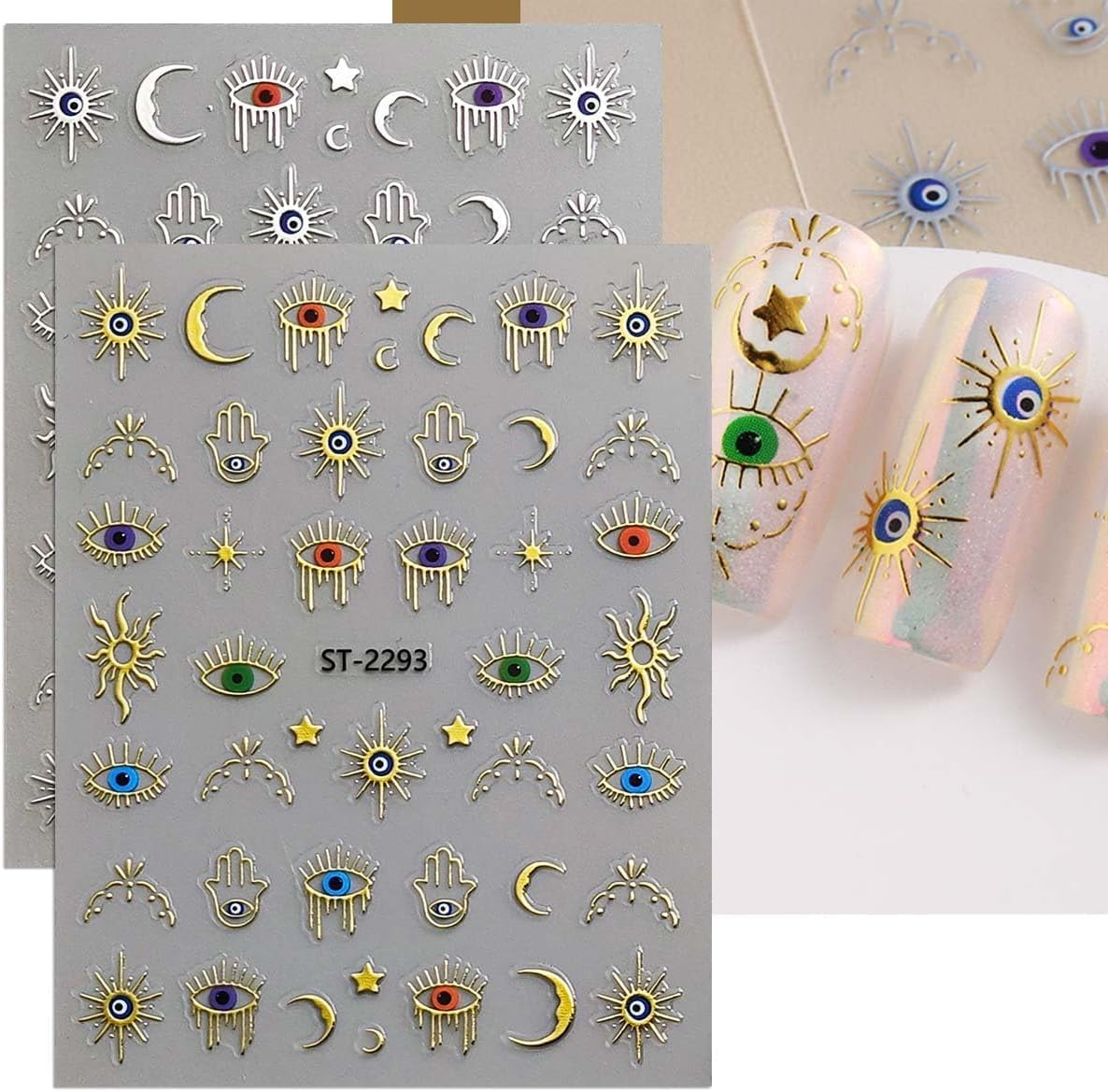 12 Sheets Gold Eye Nails Stickers Decals Star Sun Design Nails Art Stickers 3D Self-Adhesive Snake Moon Nail Art Decals for Women DIY Nail Decorations-FemmiqueWomen