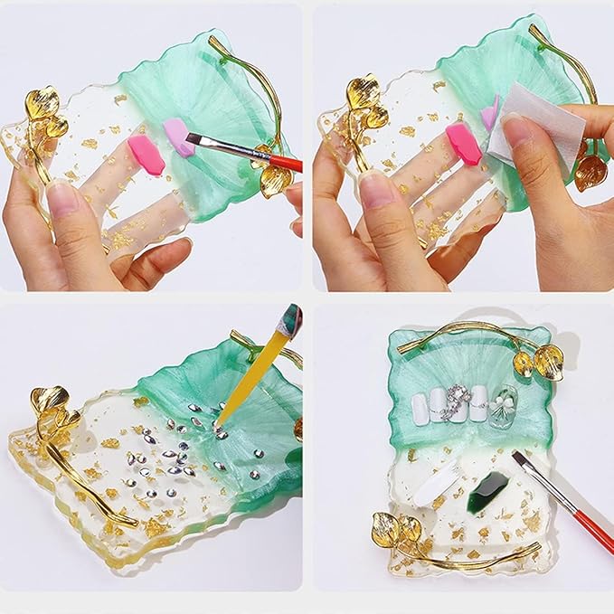 2023 Retro Nail Art Palette, Nail Painting Mixed Color Palette with Leaves Handle, Nail Holder Gel Color Makeup Display Board Pallet (Green)-FemmiqueWomen