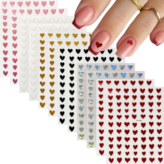 12 Sheets Self-Adhesive Heart Nail Stickers for Valentine's Day - 3D Pink Red Aurora Gold Decals for Nail Art Design - Supplies for Women-FemmiqueWomen