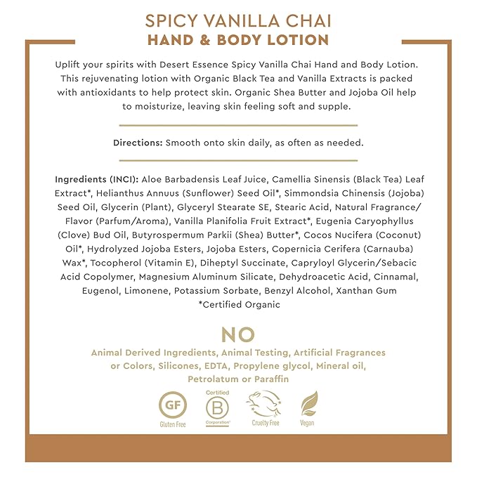 Desert Essence Spicy Vanilla Chai Hand & Body Lotion, Uplifting, Smoothes & Softens Skin, No Greasy Residue, Aloe Vera, Shea Butter, Vitamin E, 8 Fl Oz-FemmiqueWomen