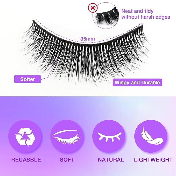 Wispy False Eyelashes Kit With Bond, Seal and Tweezer, 7 Pairs Natural Look Fake Cat Eye Lashes Strips Thin Band Extensions Waterproof Easy Eyelashes for Beginners RQ11-FemmiqueWomen