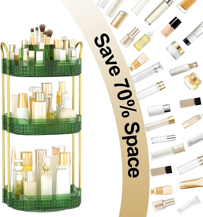 Rotating Makeup Organizer for Vanity 3 Tier, Perfume Organizer with Makeup Brush Holder, Large Capacity Cosmetics Clear Skincare Organizer for Countertop (Green)-FemmiqueWomen
