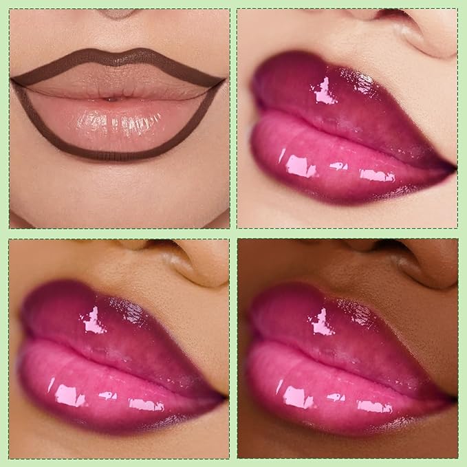 2 in 1 Solid Click Lip Gloss Pen With Brown Lip Liner Set Moisturizing Long Lasting Light Pink High Glossy Jelly Tinted Lip Balm Juicy Buildable Lip Plumper Makeup for Women-FemmiqueWomen