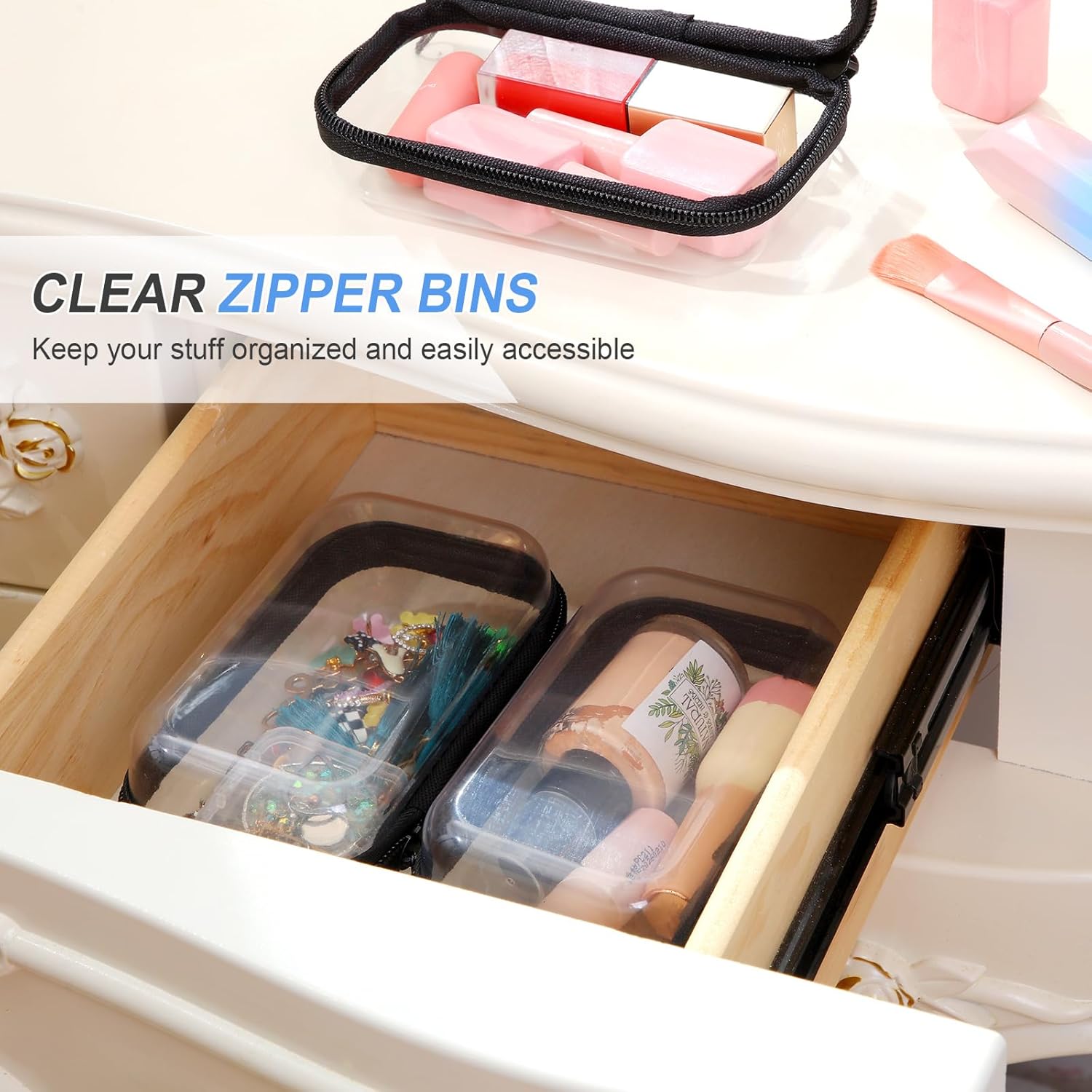 Hoolerry 3 Pcs Clear Hard Zipper Case Plastic Pouch Transparent Hard Case Clear Makeup Bag Portable Travel Organizer Bin for Cosmetics, Building Blocks, Puzzles(Black,Xs)-FemmiqueWomen