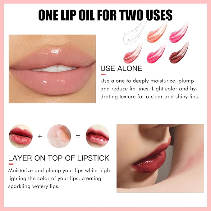 2PCS Lip Oil Set, Hydrating Lip Glow Oil Lip Plumper Gloss, Tinted Lip Oils Transparent Long Lasting Non-sticky Lip Gloss, Plumping Lip Gloss Lip Care Kit (Raspberry & Cherry)-FemmiqueWomen