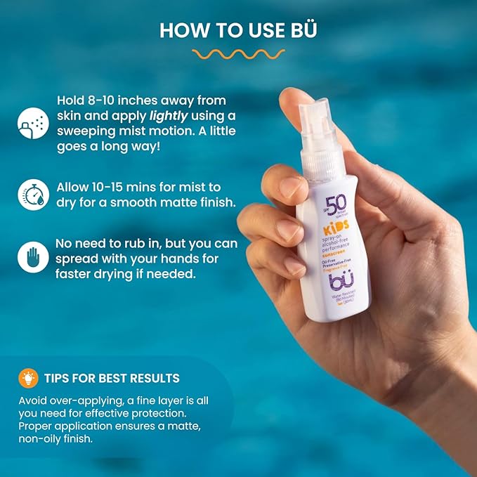 BU SPF 50 Kids Sunscreen Spray for Face and Body, Non Aerosol Spray, TSA Travel Size Sunscreen, Clear, Non Greasy, Water Resistant, Oil Free, Fragrance Free 1 oz-FemmiqueWomen