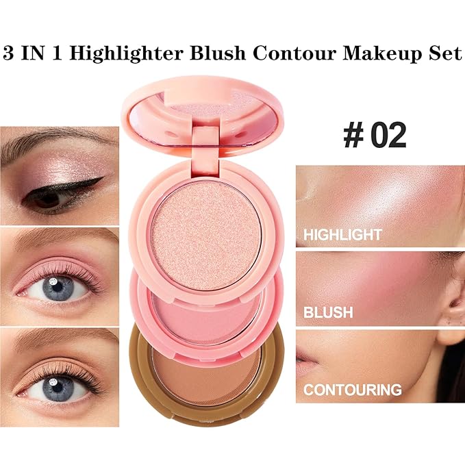 3-in-1 Blendable Trio, Contour and Highlight Blush Makeup Palette, Cream Bronzer, Silky Smooth Powder Blush, Shimmer Highlighter Makeup Powder, Pink Brown Eyeshadow Palette with Mirror(02)-FemmiqueWomen