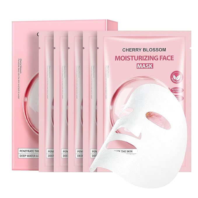 5 Pack Sheets Face Masks Skincare For All Skin Types, Cherry Facial Sheet Masks, Hydrating Facial Sheets Mask for Firming, Sheet Mask with Cherry Blossom Face Mask for Glowing Skin-FemmiqueWomen