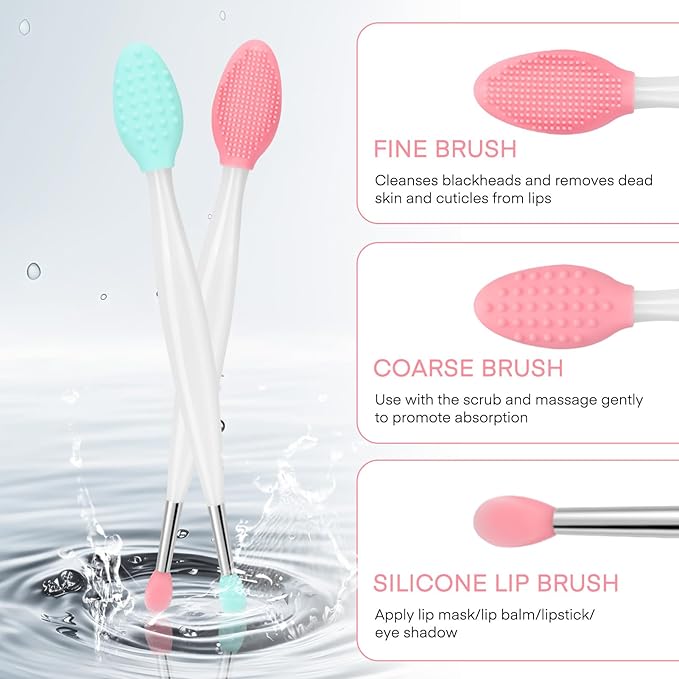 Unaone Lip Scrub Brush - 2 PCS Dual-ended Lip Scrubber Exfoliator and Silicone Lip Brush, 3-in-1 Silicone Lip Scrub Tool Lip Mask Applicator, Gentle Exfoliator & Applicator for Soft-FemmiqueWomen