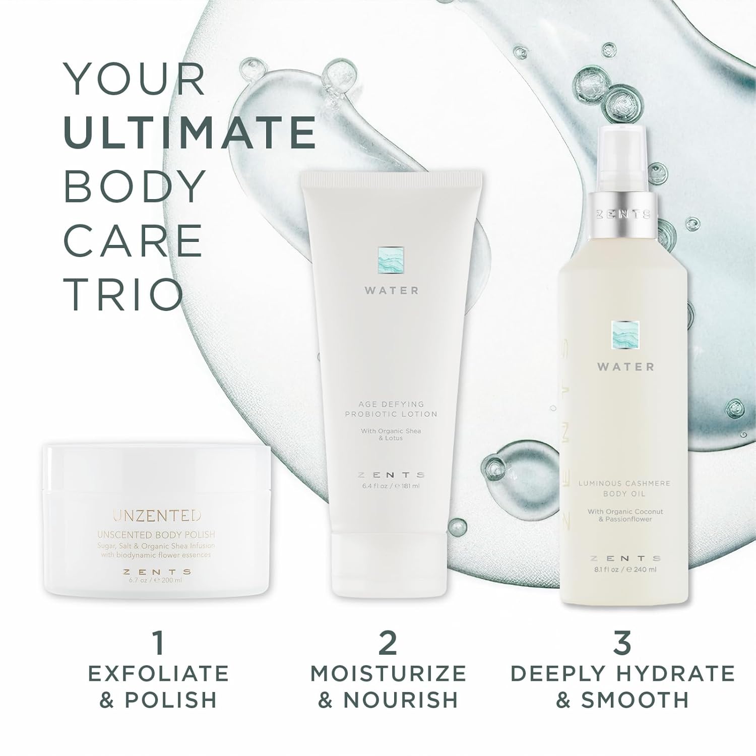 Zents Luminous Cashmere Body Oil (Water Fragrance) | Moisturizing Body Oil with Vitamin E & Organic Coconut Oil | Softens & Smooths Skin | 8 fl oz-FemmiqueWomen