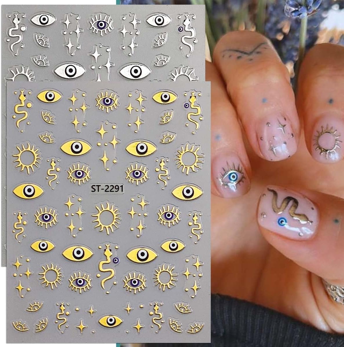 12 Sheets Gold Eye Nails Stickers Decals Star Sun Design Nails Art Stickers 3D Self-Adhesive Snake Moon Nail Art Decals for Women DIY Nail Decorations-FemmiqueWomen