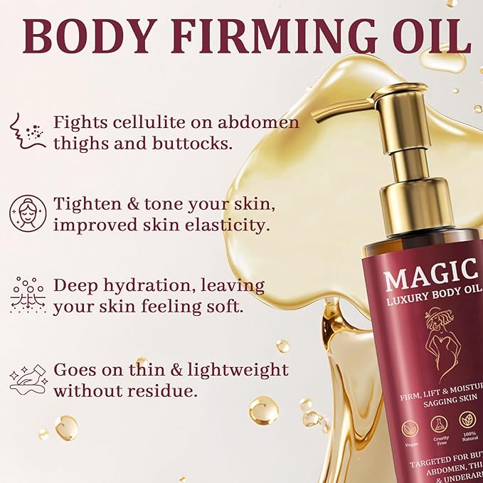 Magic Body Firming Oil, Luxury Body Oil for Crepe Skin, Tightening & Hydrating Body Oil After Shower with Vitamin E and Rosehip, Non-Greasy Body Serum Oil for Thighs, Arms, Chest, 100ML / 3.38 Fl Oz-FemmiqueWomen