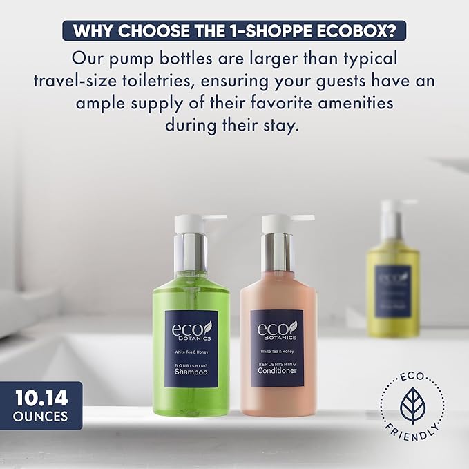 1-Shoppe Eco Botanics 20 Piece Ecobox All-In-Kit | White Tea and Honey Soap | 6 Shampoo, 4 Conditioner, 6 Body Wash & 4 Lotion | 10.14oz Hotel Soaps and Toiletries Bulk | Personal Care Products-FemmiqueWomen