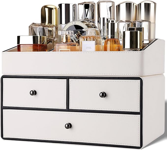 GORESE Leather Makeup Organizer with Drawers for Vanity, Stackable Skincare Holder Dresser Organizer Countertop, Make Up Storage Organizers Counter Cosmetic Display Case Gifts for Women(Cream White)-FemmiqueWomen
