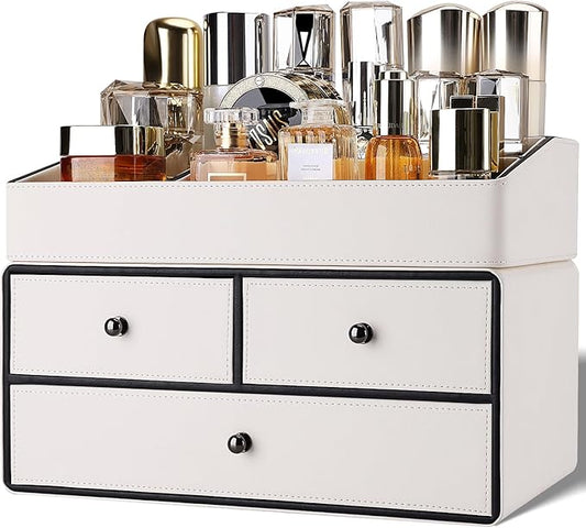 GORESE Leather Makeup Organizer with Drawers for Vanity, Stackable Skincare Holder Dresser Organizer Countertop, Make Up Storage Organizers Counter Cosmetic Display Case Gifts for Women(Cream White)-FemmiqueWomen