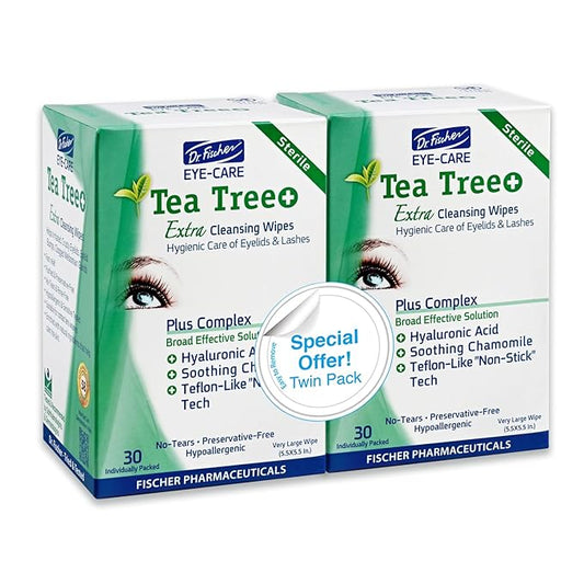 Dr. Fischer Tea Tree Oil Eye Wipes - Eyelid Wipes for Sensitive Eyes with Hyaluronic Acid and Chamomile, Makeup Remover, Daily Cleanser (60 wipes)-FemmiqueWomen