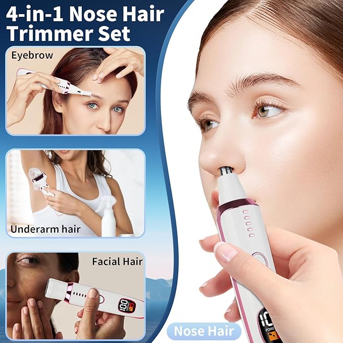 2025 Rechargeable Nose and Ear Hair Trimmer with LED Dispaly for Women Men,4 in 1 Painless Eyebrow & Facial Hair Trimmer with Powerful Motor,Ladies Wet & Dry Electric Razor (White)-FemmiqueWomen