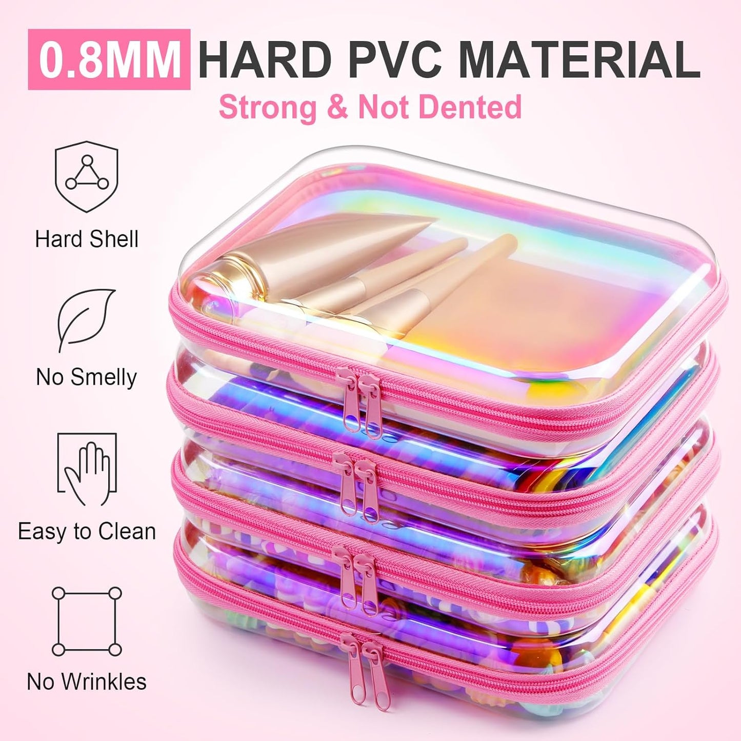Hoolerry 4 Pcs Hard Clear Zipper Case Makeup Bags Plastic Pencil Pouch Transparent Storage Box Containers for Cosmetics, Snacks, Building Blocks, Puzzles(Pink Laser,9.8 x 7.9 x 2 in)-FemmiqueWomen