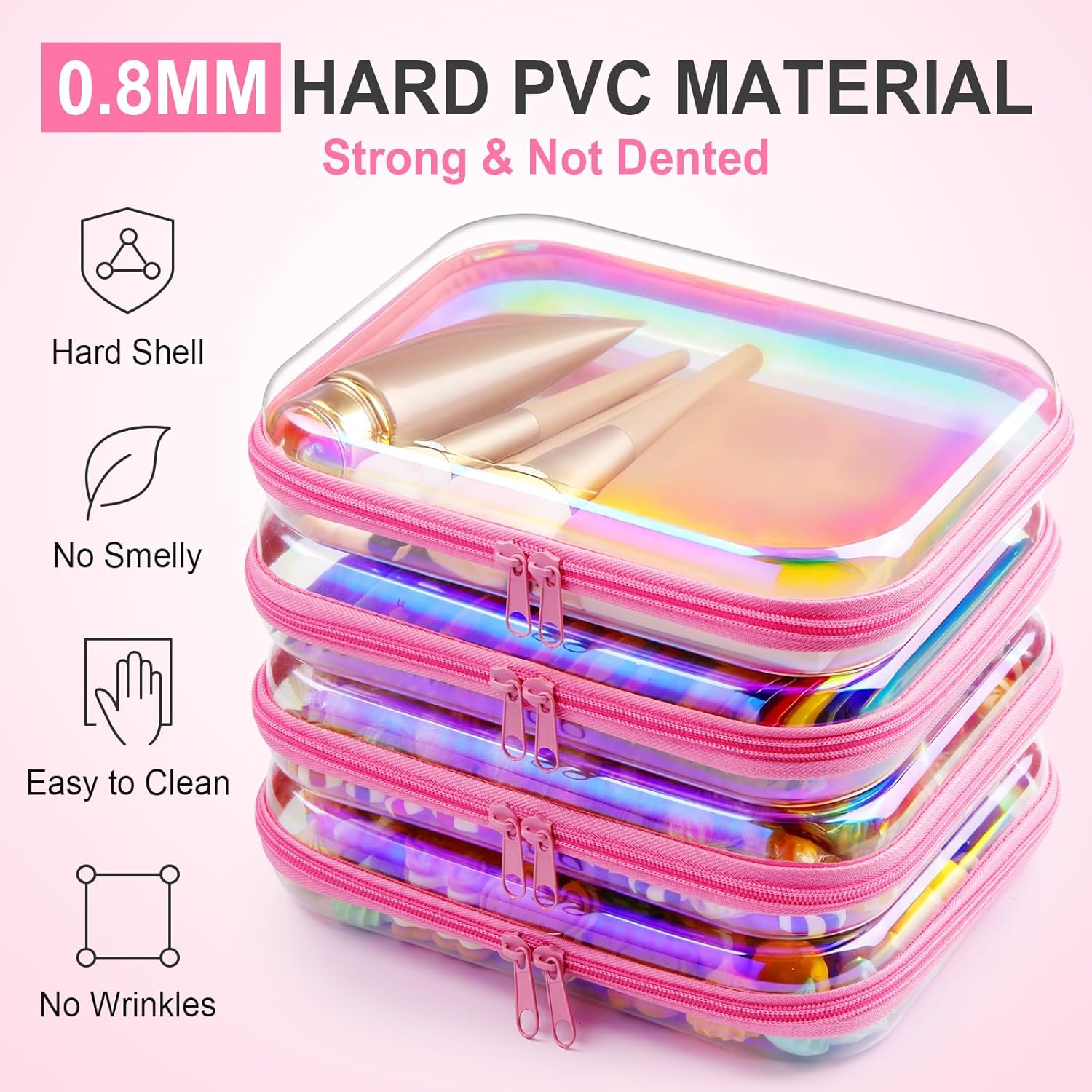 Hoolerry 4 Pcs Hard Clear Zipper Case Makeup Bags Plastic Pencil Pouch Transparent Storage Box Containers for Cosmetics, Snacks, Building Blocks, Puzzles(Pink Laser,9.8 x 7.9 x 2 in)-FemmiqueWomen