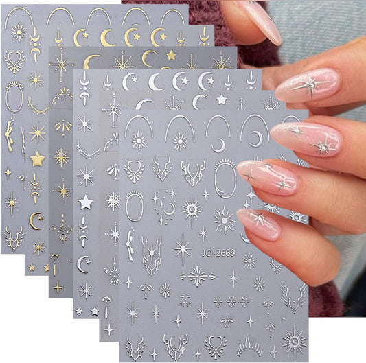 12 Sheets Metallic Moon Star Nail Art Stickers Decals Luxury Golden Silver Nail Stickers Sun Stars Moon Nail Art Design with Starlight Moon Charm Nail Adhesive Sliders for Women Manicure Decoration-FemmiqueWomen